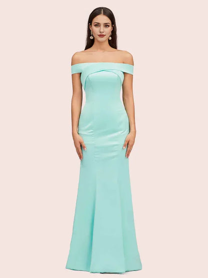 Dress Sexy Off Shoulder Sleeveless Mermaid Trumpet Long Soft Satin Party Solid Color Prom Dresses