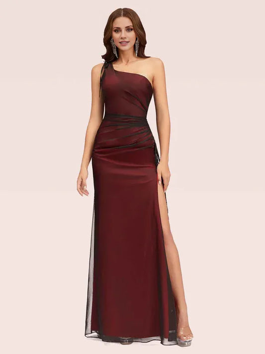 Dress Sexy One Shoulder Sheath Red And Black Side Slit Floor Length Sleeveless Prom Dresses