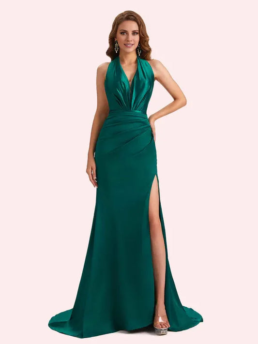 Dress Sexy Open Back Halter Strap Side Slit Mermaid Soft Satin Maxi Dress Matron of Honor Dress For Wedding Prom Dress