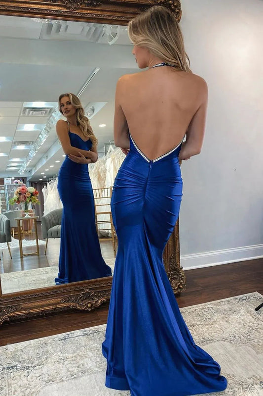 Dress Sexy Royal Blue Mermaid Open Back Long Satin Prom Dress