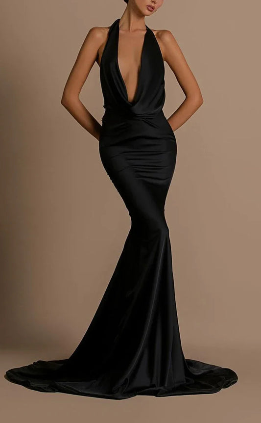 Dress Sexy Satin Trumpt Halter Empire Open Back Beaded Appliques With Train Party Evening Dress Prom Dress