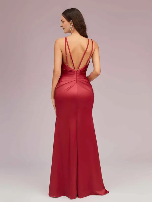Dress Sexy Spaghetti Straps V-neck Floor-Length Soft Satin Formal Backless Prom Dresses With Slit