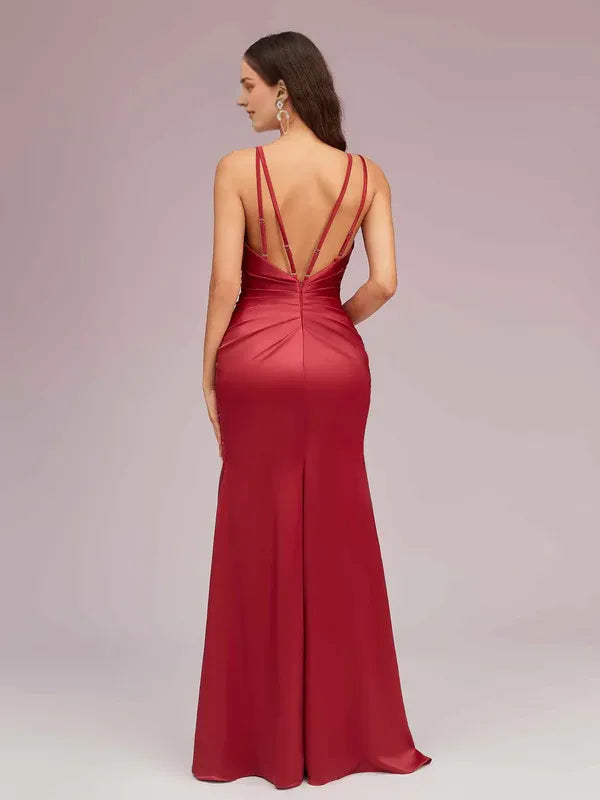 Dress Sexy Spaghetti Straps V-neck Floor-Length Soft Satin Formal Backless Prom Dresses With Slit