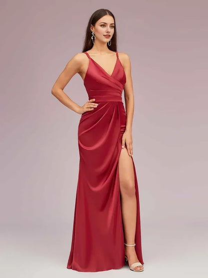 Dress Sexy Spaghetti Straps V-neck Floor-Length Soft Satin Formal Backless Prom Dresses With Slit