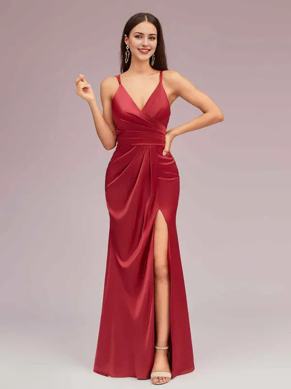 Dress Sexy Spaghetti Straps V-neck Floor-Length Soft Satin Formal Backless Prom Dresses With Slit