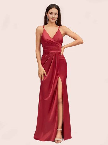 Dress Sexy Spaghetti Straps V-neck Floor-Length Soft Satin Formal Backless Prom Dresses With Slit