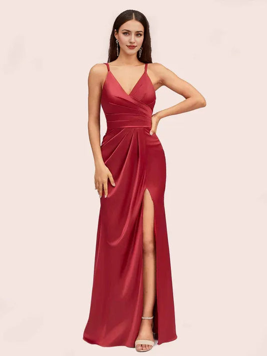 Dress Sexy Spaghetti Straps V-neck Floor-Length Soft Satin Formal Backless Prom Dresses With Slit