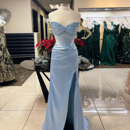 Dress Sexy Strapless Prom Dress Simple Illusion Side Split Corset Beading A Line Evening Dress