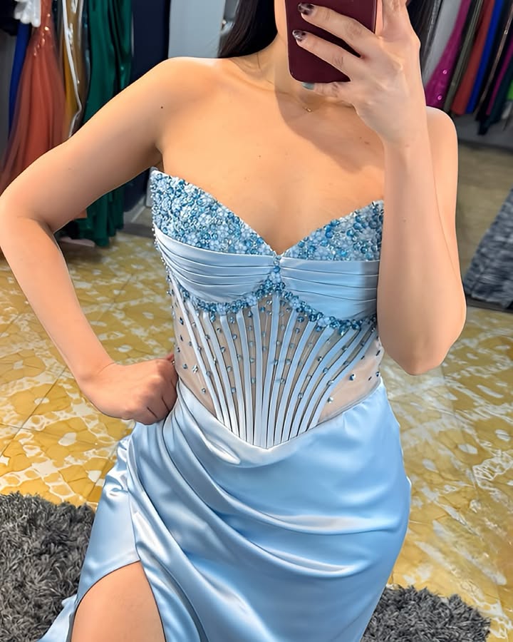 Dress Sexy Strapless Prom Dress Simple Illusion Side Split Corset Beading A Line Evening Dress