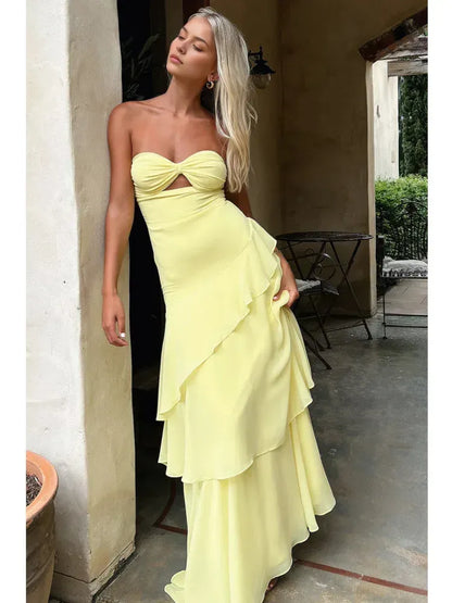 Dress Sexy Strapless Ruffle Hollow Out Long Dress For Women Elegant Sleeveless Bodycon Party Club Evening Dress Holiday Prom Dress