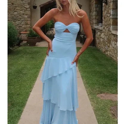 Dress Sexy Strapless Ruffle Hollow Out Long Dress For Women Elegant Sleeveless Bodycon Party Club Evening Dress Holiday Prom Dress