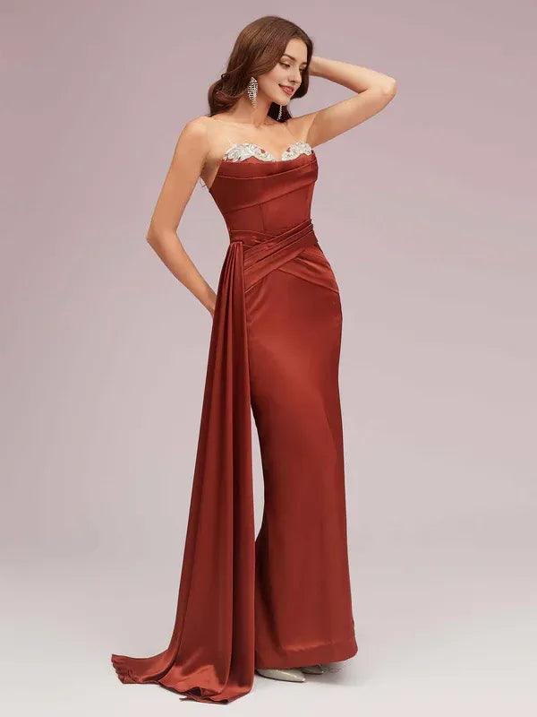 Dress Sexy Sweetheart Strapless Maxi Dress Soft Satin Mermaid Graduation Pleated Prom Dresses