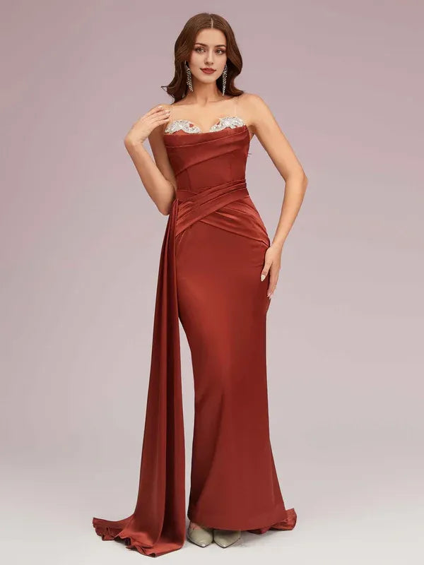 Dress Sexy Sweetheart Strapless Maxi Dress Soft Satin Mermaid Graduation Pleated Prom Dresses