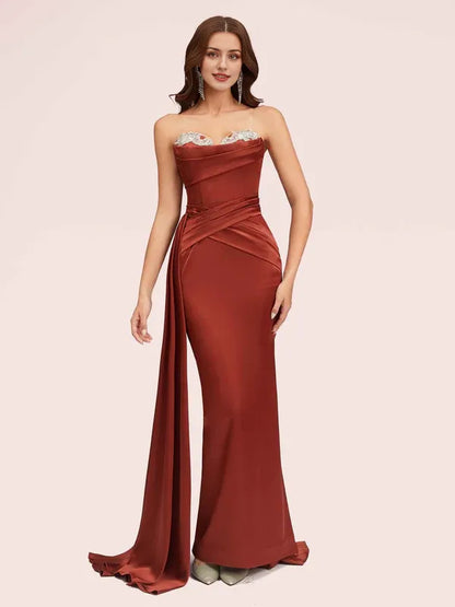 Dress Sexy Sweetheart Strapless Maxi Dress Soft Satin Mermaid Graduation Pleated Prom Dresses