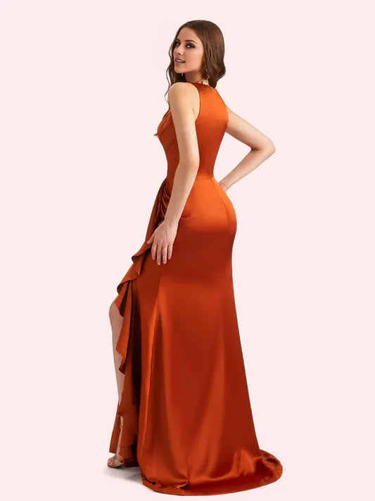 Dress Sexy V-neck Mermaid Side Slit Soft Satin Maxi Dress Bridesmaid Dress For Wedding Prom Dress