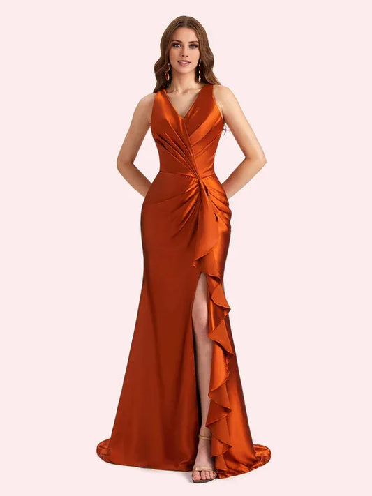 Dress Sexy V-neck Mermaid Side Slit Soft Satin Maxi Dress Bridesmaid Dress For Wedding Prom Dress
