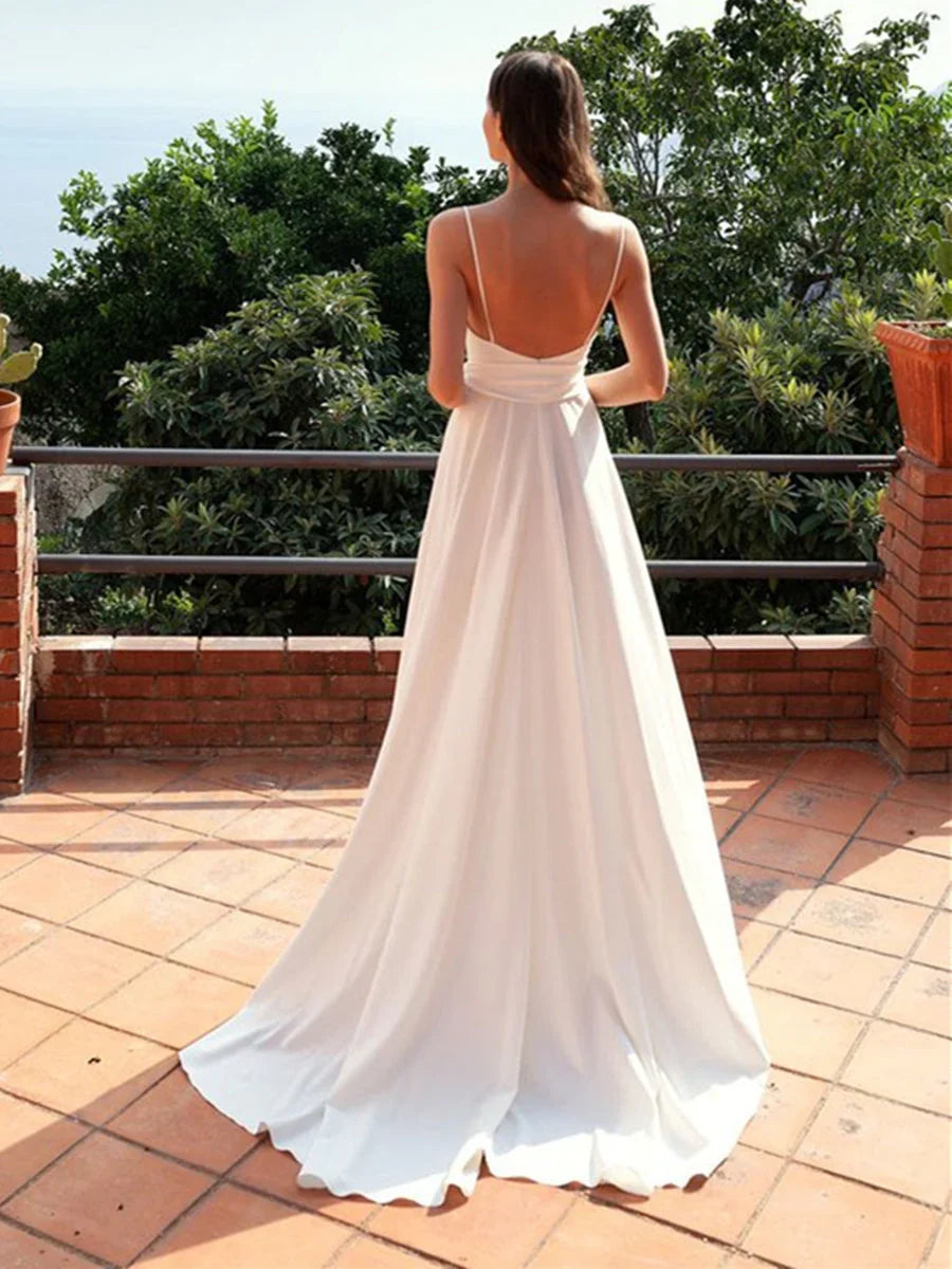 Dress Sexy White Long A-line V-neck Open Back Satin Formal Prom Dresses with Slit