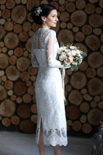 Dress Sheath Ankle-length Bride Dress With Illusion Lace Appliques And Split Back Wedding Dress