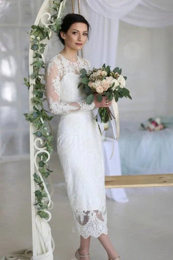 Dress Sheath Ankle-length Bride Dress With Illusion Lace Appliques And Split Back Wedding Dress