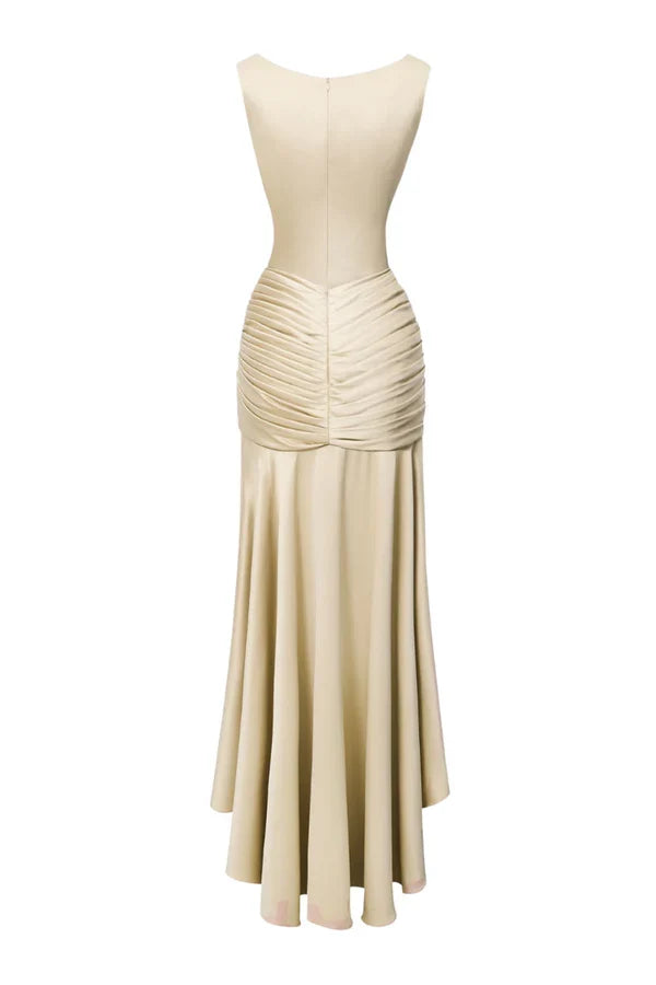 Dress Sheath Asymmetric Satin Pleats Maxi Dress Sleeveless Elegant Back Full Coverage Prom Dress