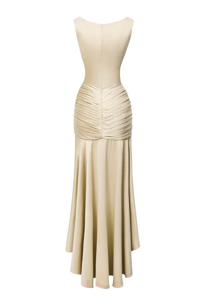 Dress Sheath Asymmetric Satin Pleats Maxi Dress Sleeveless Elegant Back Full Coverage Prom Dress