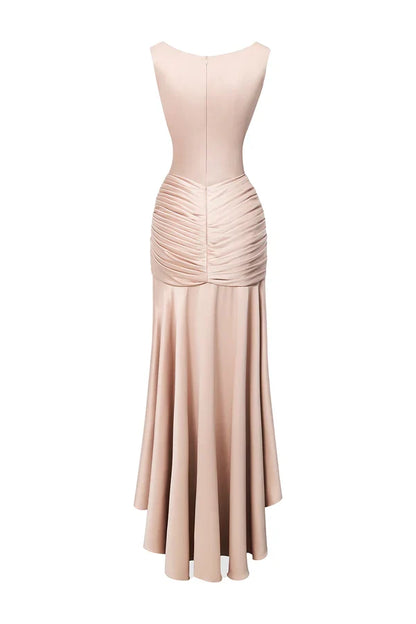 Dress Sheath Asymmetric Satin Pleats Maxi Dress Sleeveless Elegant Back Full Coverage Prom Dress
