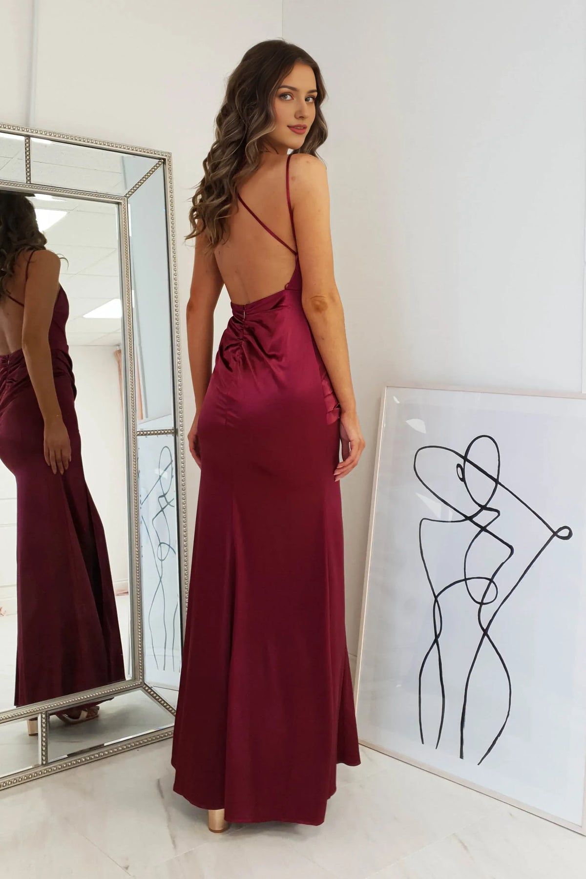 Dress Sheath Column Sleeveless Spaghetti Straps Backless Satin Sexy Side Slit Prom Dress