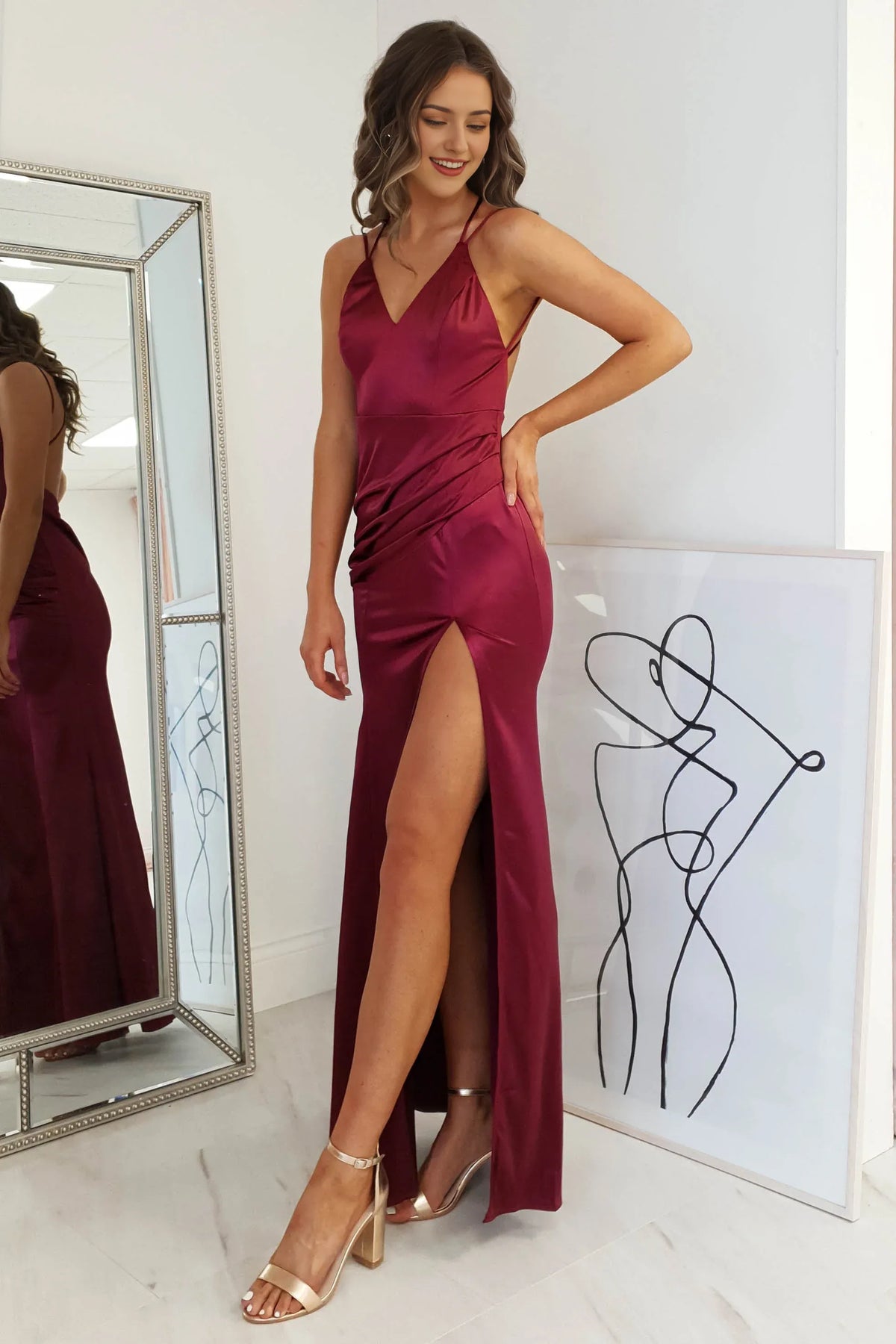 Dress Sheath Column Sleeveless Spaghetti Straps Backless Satin Sexy Side Slit Prom Dress