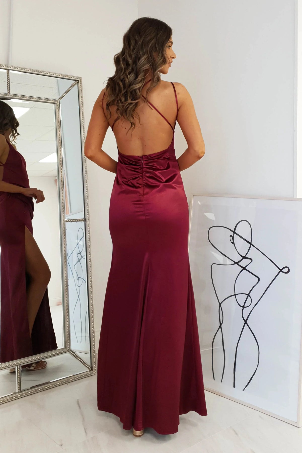 Dress Sheath Column Sleeveless Spaghetti Straps Backless Satin Sexy Side Slit Prom Dress