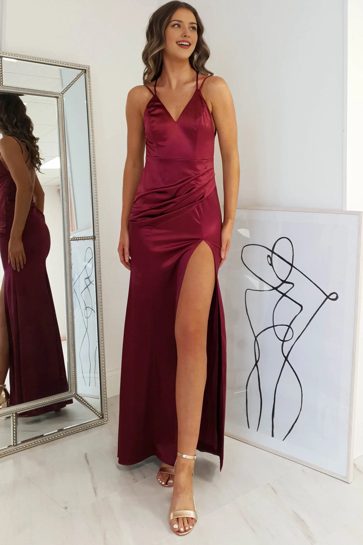 Dress Sheath Column Sleeveless Spaghetti Straps Backless Satin Sexy Side Slit Prom Dress