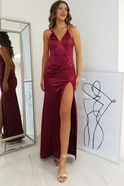Dress Sheath Column Sleeveless Spaghetti Straps Backless Satin Sexy Side Slit Prom Dress