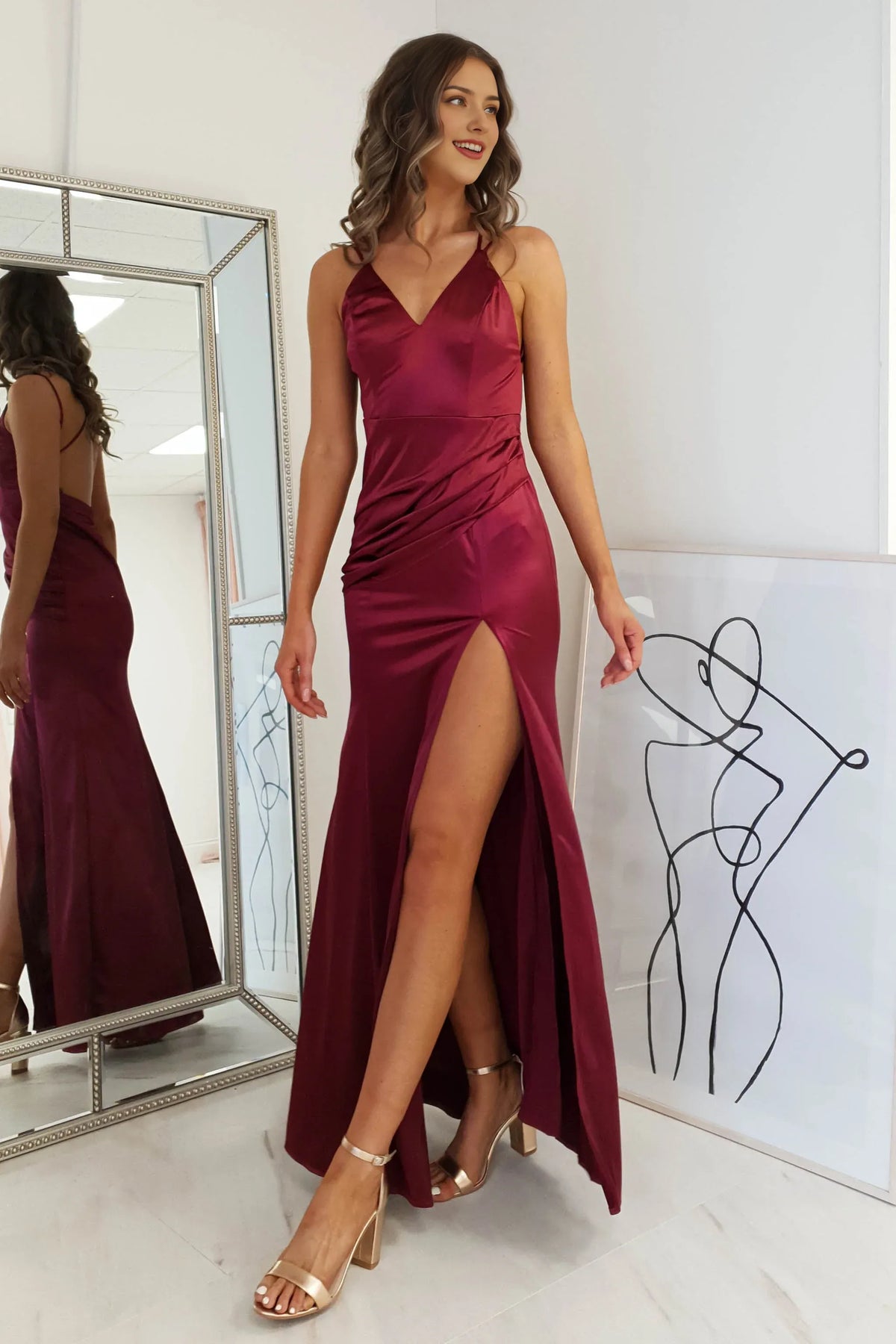 Dress Sheath Column Sleeveless Spaghetti Straps Backless Satin Sexy Side Slit Prom Dress