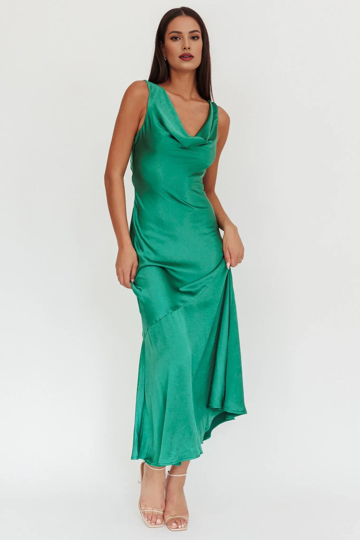 Dress Sheath Cowl Neck Drape Back Maxi Dress Emerald Prom Dress