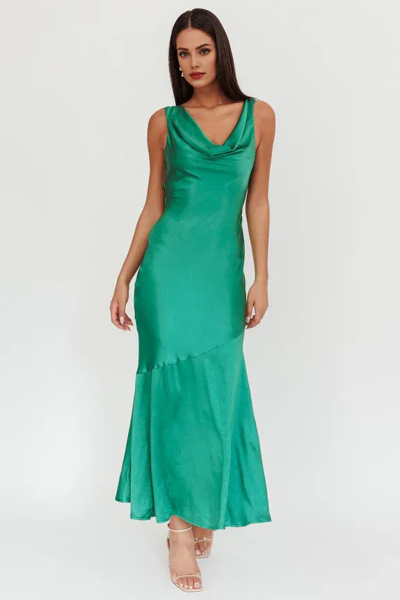 Dress Sheath Cowl Neck Drape Back Maxi Dress Emerald Prom Dress