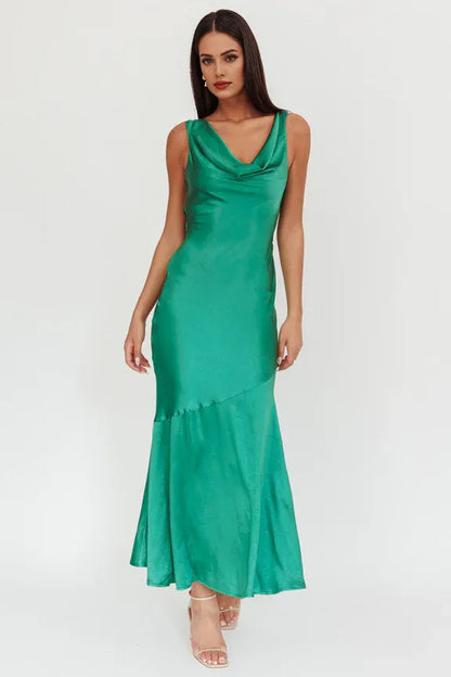 Dress Sheath Cowl Neck Drape Back Maxi Dress Emerald Prom Dress