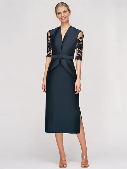 Dress Sheath Dress Tuxedo Dress Elegant V Neck Ankle Length Satin Half Sleeve With Lace Solid Color Mother of the Bride Dress