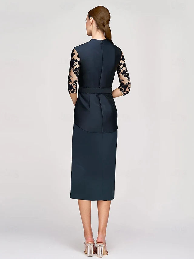 Dress Sheath Dress Tuxedo Dress Elegant V Neck Ankle Length Satin Half Sleeve With Lace Solid Color Mother of the Bride Dress