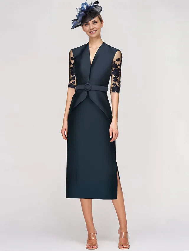 Dress Sheath Dress Tuxedo Dress Elegant V Neck Ankle Length Satin Half Sleeve With Lace Solid Color Mother of the Bride Dress