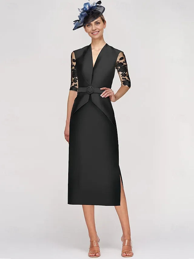 Dress Sheath Dress Tuxedo Dress Elegant V Neck Ankle Length Satin Half Sleeve With Lace Solid Color Mother of the Bride Dress