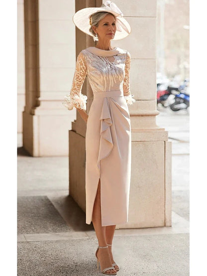 Dress Sheath Elegant Simple High Neck Tea Length 3/4 Length Sleeve With Feather Lace Pleats Mother of the Bride Dress