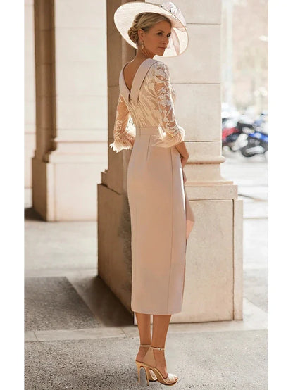 Dress Sheath Elegant Simple High Neck Tea Length 3/4 Length Sleeve With Feather Lace Pleats Mother of the Bride Dress