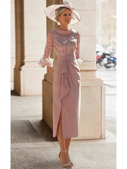 Dress Sheath Elegant Simple High Neck Tea Length 3/4 Length Sleeve With Feather Lace Pleats Mother of the Bride Dress