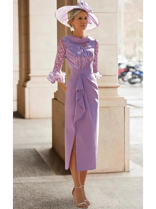 Dress Sheath Elegant Simple High Neck Tea Length 3/4 Length Sleeve With Feather Lace Pleats Mother of the Bride Dress