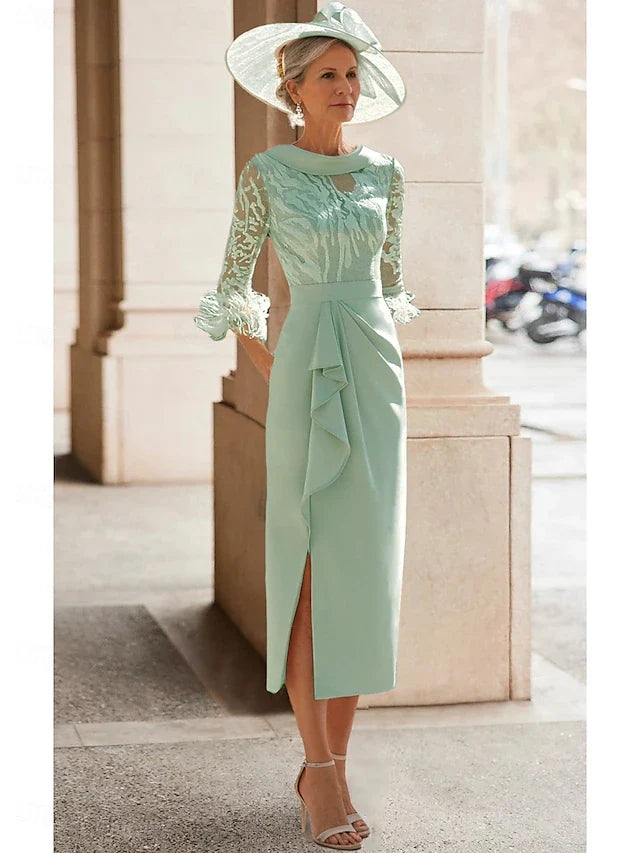 Dress Sheath Elegant Simple High Neck Tea Length 3/4 Length Sleeve With Feather Lace Pleats Mother of the Bride Dress