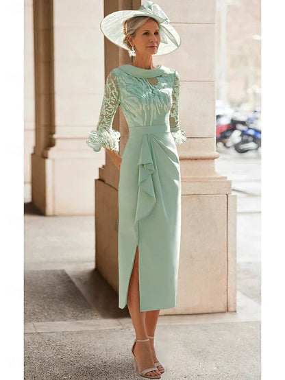Dress Sheath Elegant Simple High Neck Tea Length 3/4 Length Sleeve With Feather Lace Pleats Mother of the Bride Dress