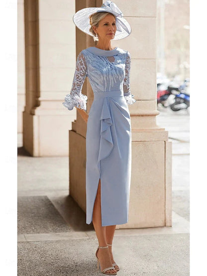 Dress Sheath Elegant Simple High Neck Tea Length 3/4 Length Sleeve With Feather Lace Pleats Mother of the Bride Dress