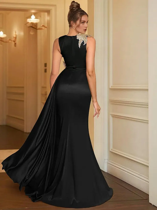 Dress Sheath Evening Dress Elegant Formal Floor Length Sleeveless Jewel Neck Satin With Embroidery