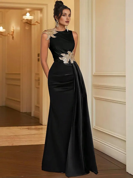 Dress Sheath Evening Dress Elegant Formal Floor Length Sleeveless Jewel Neck Satin With Embroidery