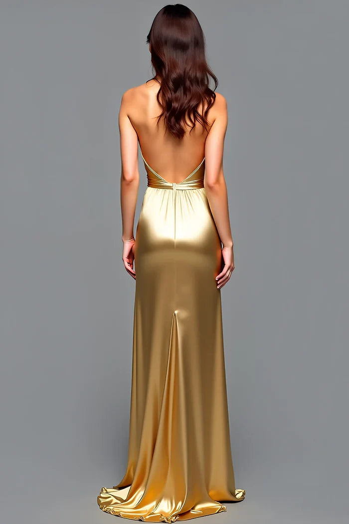 Dress Sheath Golden Halter V Neck Pleated Maxi Dress Prom Dress With Slit Evening Dress