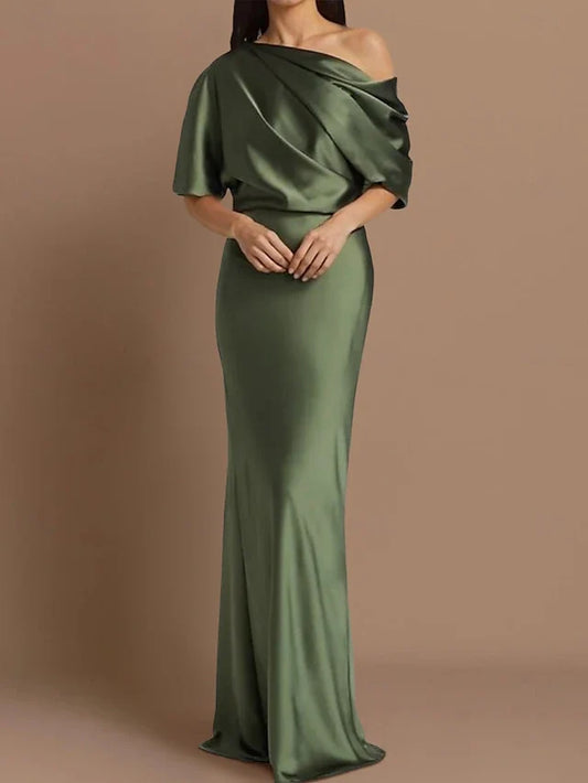 Dress Sheath Mother of the Bride Dress Wedding Guest Formal Elegant Off Shoulder Sweep / Brush Train Satin Half Sleeve With Ruching Evening Dress